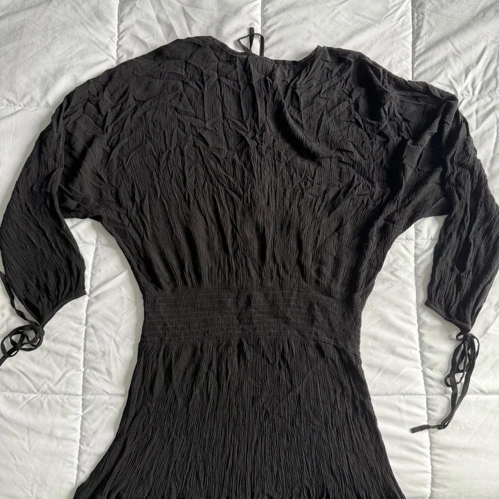 ASOS Black Crinkle Swim Cover Up Dress with Smocked Waist and Ties - Picture 6 of 9